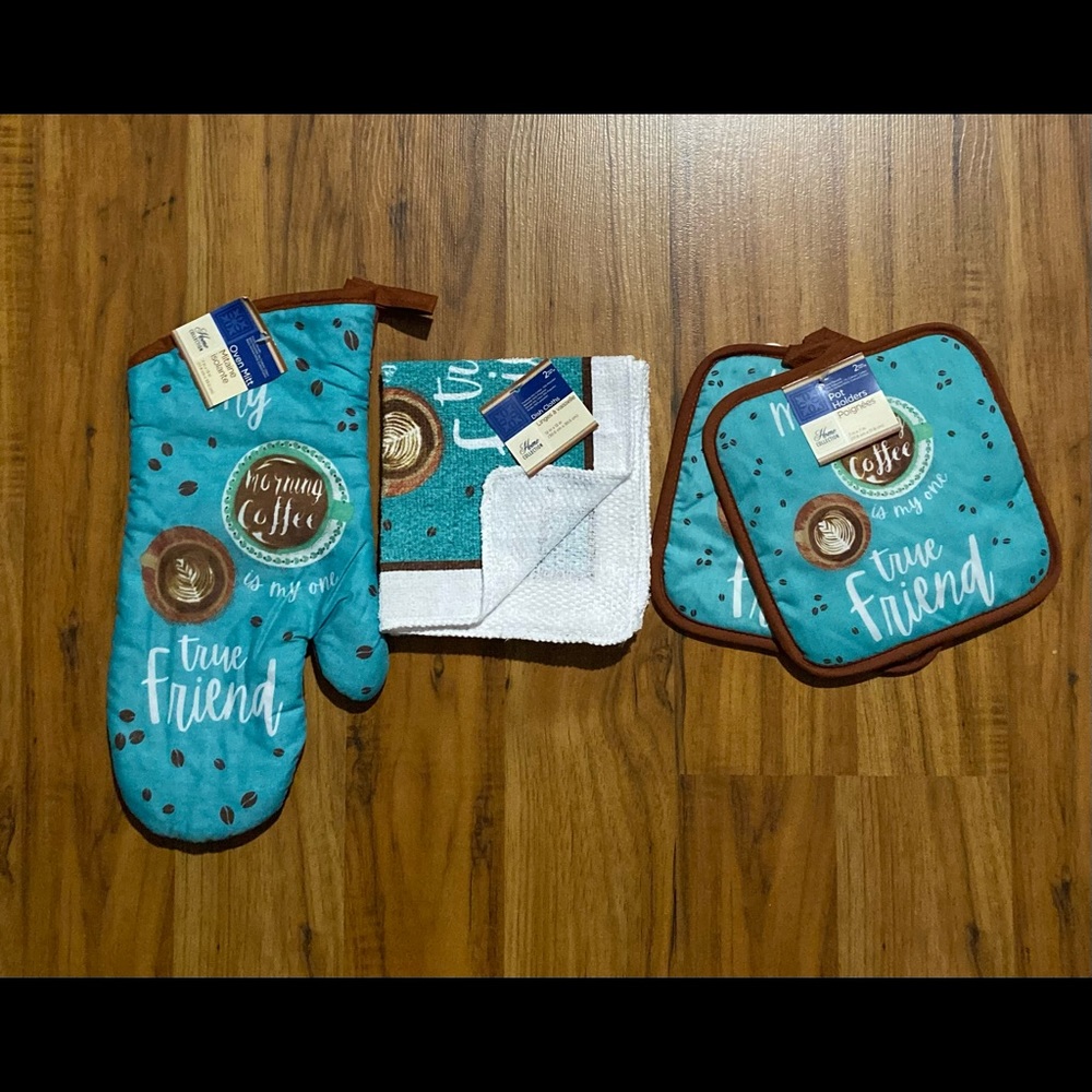 Home Collection 5 Piece Oven Mitt Pot Holders Dish Cloths Kitchen Bundle (New)